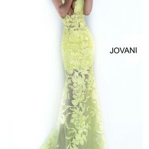 Jovani Yellow Floral Backless Gown